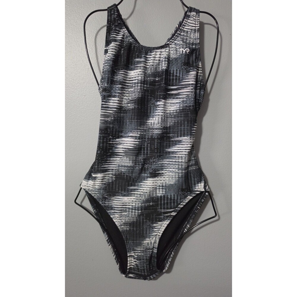TYR Black White Swimsuit Sz 32 L Racer Back One Peice Hipster Bathing Suit Swim